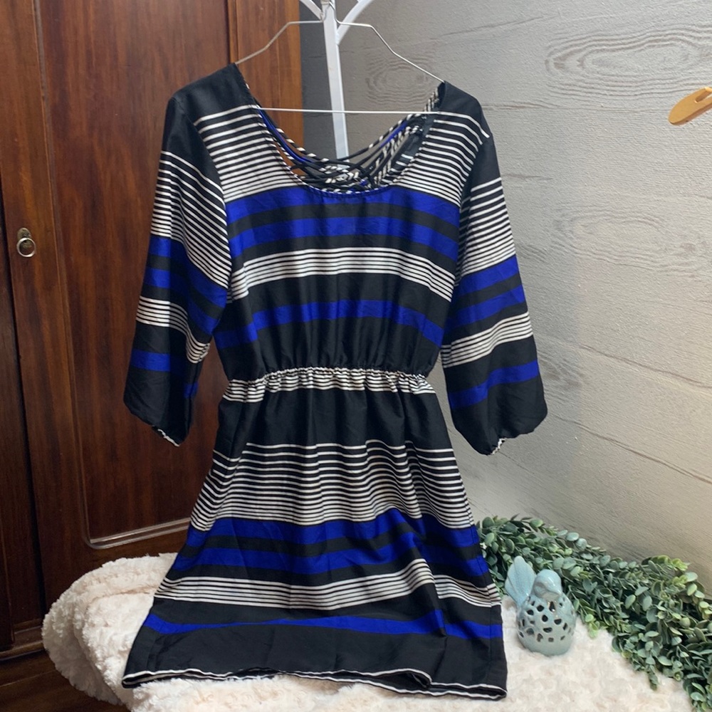 Women Dots blue black stripe mini dress size M